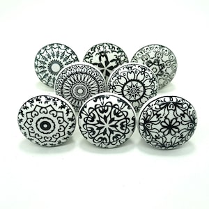 Handmade Black & White Ceramic Cabinet Knobs, Mandala Decor