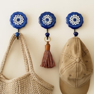 Blue Color Ceramic Wall Hooks Handmade HandPainted Cabinet Metal Hanging for Towels Clothes Coat Umbrellas Scarves Hangers
