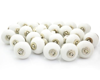 Hand Painted White Ceramic Knobs, Cabinet Drawer Pull