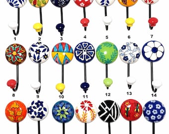 Handpainted Ceramic Wall Hooks, Colorful Coat/Towel Hangers