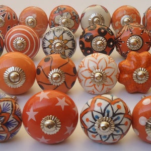 Orange & White Mixed Design Ceramic Door Knobs Handpainted Ceramic Knobs Kitchen Cabinet Knobs Hardware Knobs Drawer Pulls