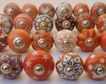 Orange & White Mixed Design Ceramic Door Knobs Handpainted Ceramic Knobs Kitchen Cabinet Knobs Hardware Knobs Drawer Pulls