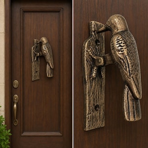 May include: A bronze-coloured metal door knocker shaped like a woodpecker perched on a textured rectangular plate. The bird is depicted in a downward-facing position with detailed wing and tail feathers, mounted on a dark brown wooden door.