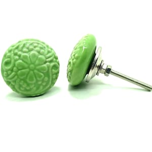 Boutons en céramique verte, matériel d'armoire floral vintage