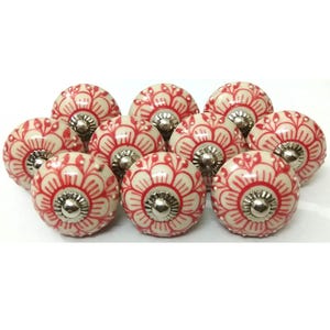 Handpainted Red Flower Ceramic Knob, Embossed Detail