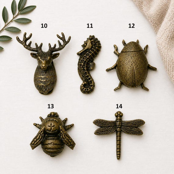 Vintage Brass Animal Door Knockers, Deer Seahorse Beetle Bee Dragonfly Wall Decor, Rustic Metal Front Door Hardware