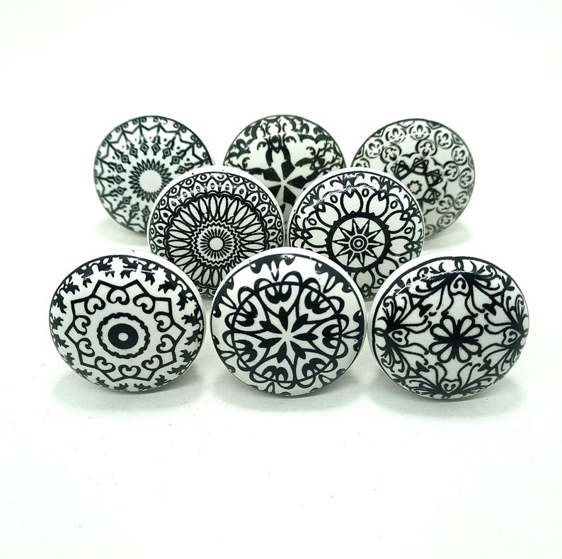 Handmade Green & White Ceramic Knobs, Kitchen Cabinet Hardware Black