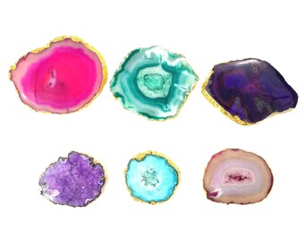 Decoración de piedra de ágata bañada en oro, juego de 6 rebanadas de colores