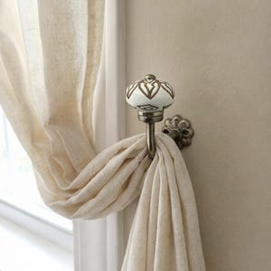 Ceramic Curtain Tieback Hook – Boho Floral Knob, Rustic Drapery Holdback