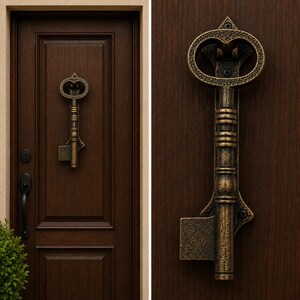 May include: A dark bronze-colored metal door knocker shaped like an antique skeleton key. The knocker features a textured, weathered finish with a large oval handle at the top and a rectangular bit at the bottom, mounted on a dark wood door.