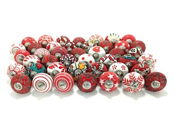 Tiradores de cerámica roja para cajones - Pomos de gabinete pintados a mano - Pomos de tocador bohemios