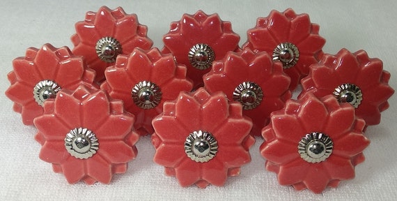 Red Flower Design Ceramic Knobs Kitchen Cabinet Knobs Hardware Etsy