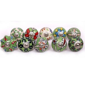 Hand-Painted Green Ceramic Knobs, Embossed Cabinet Hardware