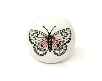 Handmade Butterfly Ceramic Knob: Pink Shade, White and Black