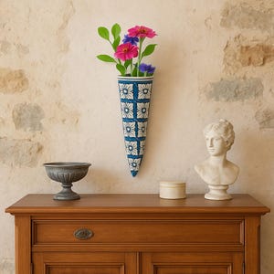 Ceramic Wall Planter – Hand Painted Pot for Indoor/Outdoor Use | Hanging Pottery Wall Planter | Boho Wall Decor | Large Cone wall Planter