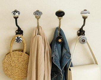 Vintage Ceramic Wall Hooks Set | Hand-Painted Floral Knobs