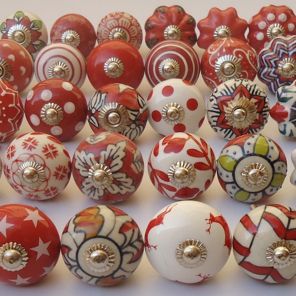 Red and White assorted Ceramic Knobs Hand Painted Ceramic Door Knobs Pumpkin Knobs Kitchen Cabinet Drawer Pulls