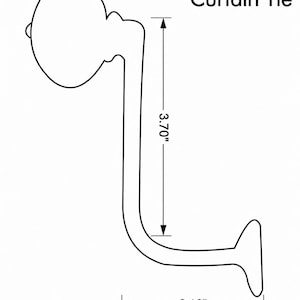May include: A black and white line drawing of a 5 inch curtain tie. The diagram shows a hook-shaped hardware piece with a rounded finial, featuring a vertical measurement of 3.70 inches and a horizontal base width of 2.10 inches.