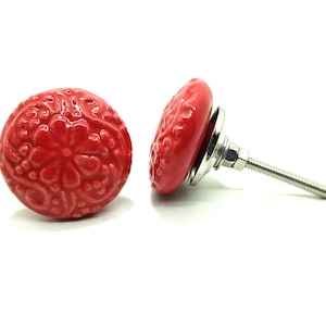 Red Flower Design Ceramic Knobs, Handpainted Cabinet Hardware