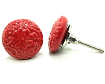 Red Flower Design Ceramic Knobs, Handpainted Cabinet Hardware