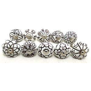 Ceramic Dresser Knobs - Black and White Floral Cabinet Pulls - Unique Furniture Hardware