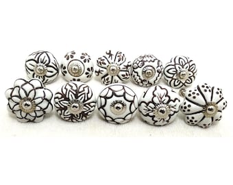 Ceramic Dresser Knobs - Black and White Floral Cabinet Pulls - Unique Furniture Hardware
