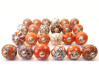 Orange & White Mixed Design Ceramic Door Knobs Handpainted Ceramic Knobs Kitchen Cabinet Knobs Hardware Knobs Drawer Pulls