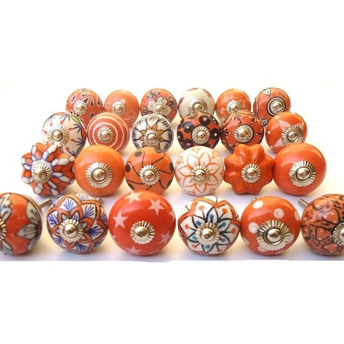 Orange & White Mixed Design Ceramic Door Knobs Handpainted Ceramic Knobs Kitchen Cabinet Knobs Hardware Knobs Drawer Pulls