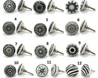 Boutons d'armoire vintage en céramique noire et blanche | Poignées de tiroir rondes florales | Quincaillerie de décoration intérieure
