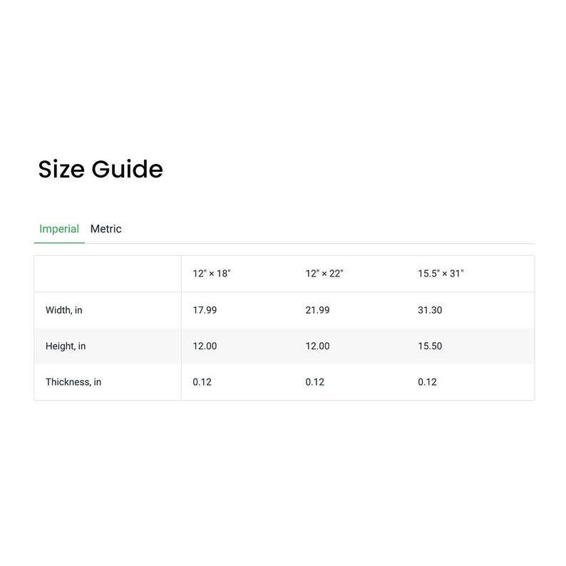 Puede incluir: Tabla de gu&iacute;a de tallas que muestra las dimensiones en pulgadas para tres tama&ntilde;os de un producto. Los tama&ntilde;os son 12" x 18", 12" x 22" y 15,5" x 31". La tabla enumera el ancho, la altura y el grosor de cada tama&ntilde;o.
