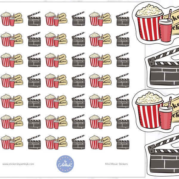 Mini autocollants de film | Stickers Soirée cinéma | Stickers date de film | Stickers cinéma | Stickers pop-corn | Stickers pour agenda | Autocollants pour journaux