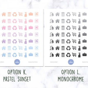 May include: Two sheets of stickers with household chore icons. The left sheet features pastel sunset colors, while the right sheet is monochrome black and white. The icons include a vacuum cleaner, house, trash can, recycling symbol, shopping cart, spray bottle, pot, and washing machine.