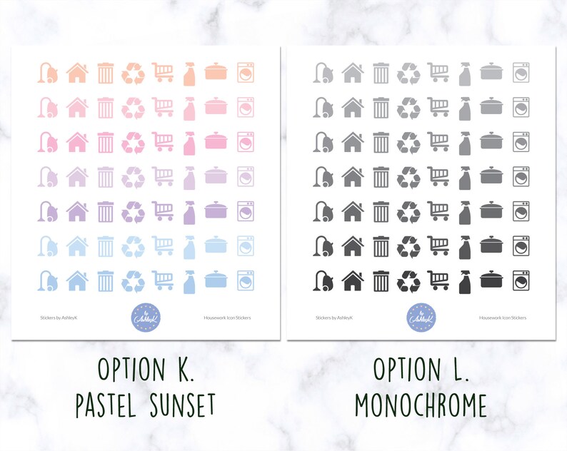 May include: Two sheets of stickers with household chore icons. The left sheet features pastel sunset colors, while the right sheet is monochrome black and white. The icons include a vacuum cleaner, house, trash can, recycling symbol, shopping cart, spray bottle, pot, and washing machine.