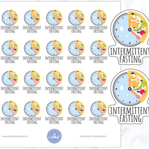 May include: A set of 20 colorful stickers featuring a clock with a slice of pizza representing intermittent fasting. The stickers say "Intermittent Fasting" in white text on a blue background.