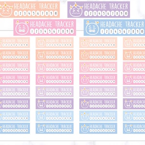 K&ouml;nnte beinhalten: Ein Set mit 20 bunten Kopfweh-Tracker-Aufklebern. Jeder Aufkleber zeigt ein Cartoon-Gesicht mit Kopfschmerzen und den Text "HEADACHE TRACKER" mit den Zahlen 1 bis 10.