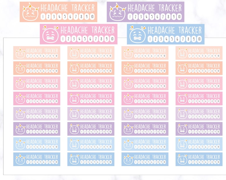 K&ouml;nnte beinhalten: Ein Set mit 20 bunten Kopfweh-Tracker-Aufklebern. Jeder Aufkleber zeigt ein Cartoon-Gesicht mit Kopfschmerzen und den Text "HEADACHE TRACKER" mit den Zahlen 1 bis 10.