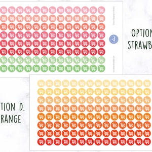 May include: Two sheets of sticker paper with 100 shopping cart stickers each. The stickers are in a gradient of red, orange, and yellow. The top sheet is labeled "Option C. Strawberry" and the bottom sheet is labeled "Option D. Orange".