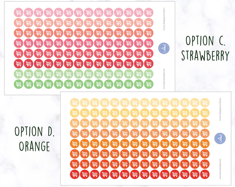 May include: Two sheets of sticker paper with 100 shopping cart stickers each. The stickers are in a gradient of red, orange, and yellow. The top sheet is labeled "Option C. Strawberry" and the bottom sheet is labeled "Option D. Orange".