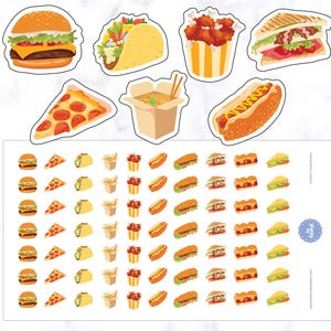 Stickers comfortvoedsel | Dinerstickers | Sandwichstickers | Taco'sstickers | Pizzastickers | Hamburgerstickers | Noedeldoos | Gebakken Kip