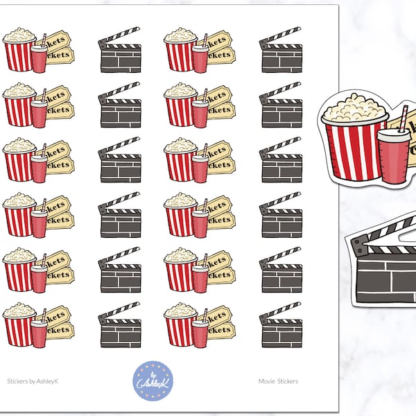 Movie Stickers | Movie Night Stickers | Movie Date | Cinema Stickers | Popcorn Stickers | Planner Sticker | Journal Sticker | Diary Sticker