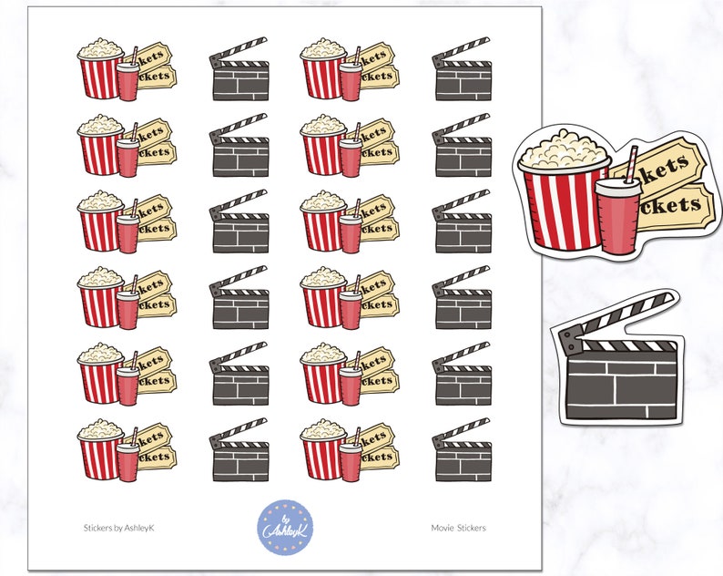 Movie Stickers Movie Night Stickers Movie Date Cinema Stickers Popcorn Stickers Planner Sticker Journal Sticker Diary Sticker Mixed