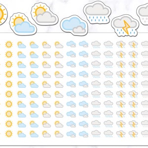 Autocollants météo | 140 autocollants pour agenda météo | Stickers pour agenda | Stickers pour journaux | Stickers météo | Stickers icônes météo
