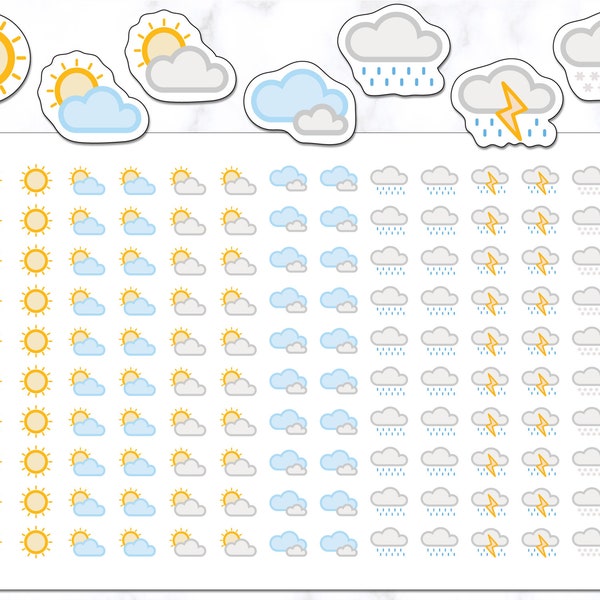 Autocollants météo | 140 autocollants pour agenda météo | Stickers pour agenda | Stickers pour journaux | Stickers météo | Stickers icônes météo