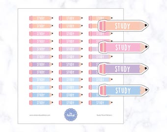 May include: A sheet of pastel colored pencil stickers with the word "STUDY" on each sticker. The stickers are in the shape of pencils with pink, purple, and blue colors.