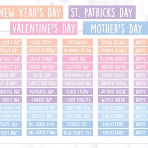 Yearly Public Holiday Planner Stickers | Australian Public Holiday Stickers | US Holiday Planner Stickers | Journal Stickers