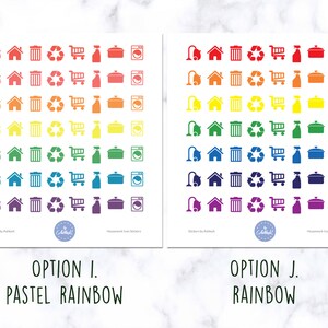 May include: Two sheets of stickers with household icons in a rainbow color scheme. The top sheet features a pastel rainbow color scheme, while the bottom sheet features a vibrant rainbow color scheme. The icons include a vacuum cleaner, house, trash can, recycling symbol, shopping cart, spray bottle, pot, and washing machine.