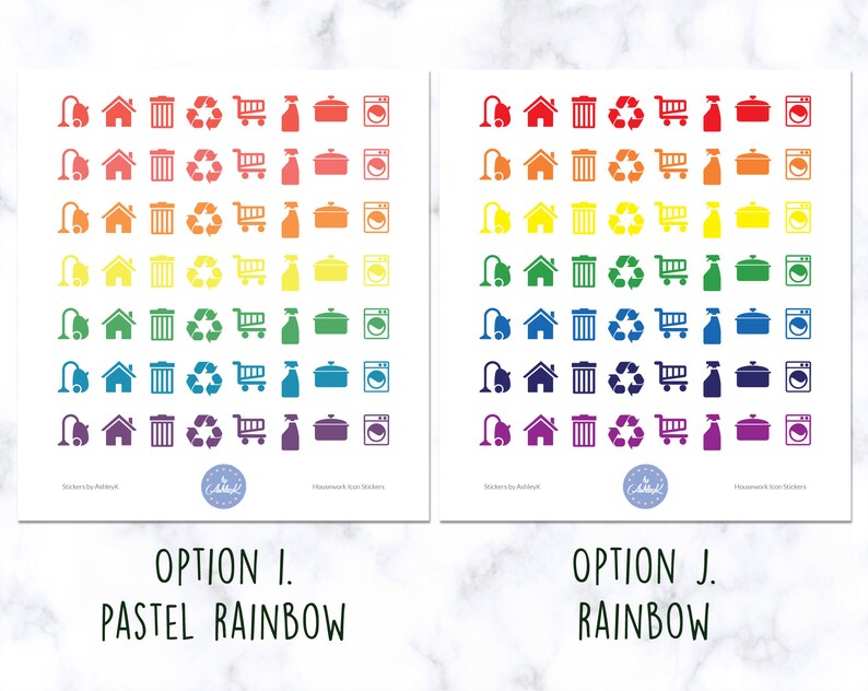 May include: Two sheets of stickers with household icons in a rainbow color scheme. The top sheet features a pastel rainbow color scheme, while the bottom sheet features a vibrant rainbow color scheme. The icons include a vacuum cleaner, house, trash can, recycling symbol, shopping cart, spray bottle, pot, and washing machine.