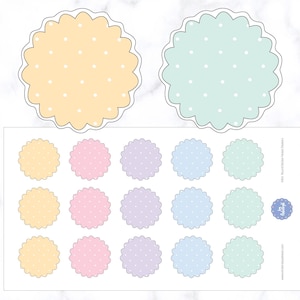 May include: A sheet of round stickers with scalloped edges and a polka dot pattern. The stickers are in various pastel colors, including yellow, pink, purple, blue, and green. Two larger stickers are at the top, and smaller ones are arranged below.