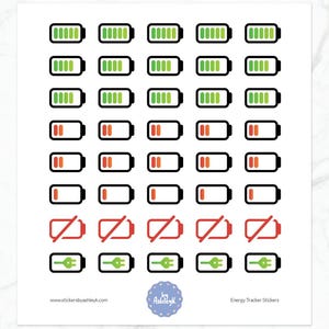 May include: Sheet of stickers featuring battery icons in various states of charge, from full green to empty red. Includes charging plug icons and crossed-out batteries. Text at the bottom reads "Energy Tracker Stickers" and "www.stickersbyashleyk.com".