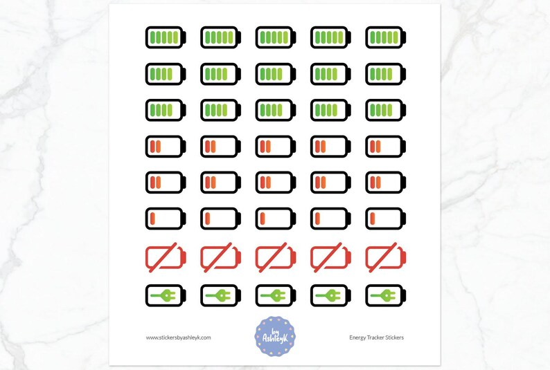 May include: Sheet of stickers featuring battery icons in various states of charge, from full green to empty red. Includes charging plug icons and crossed-out batteries. Text at the bottom reads "Energy Tracker Stickers" and "www.stickersbyashleyk.com".